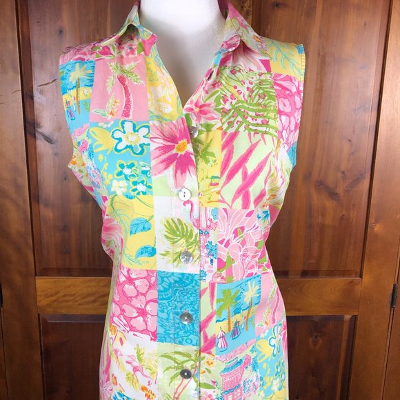 Vintage Palm Lily Cottagecore Sleeveless Boho Patchwork Button Front Shirt Dress - Picture 4 of 16